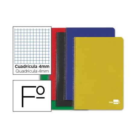 CUADERNO ESPIRAL LIDERPAPEL FOLIO TAPA DURA 80H 60 GR CUADRO 4MM CON MARGEN COLORES SURTIDOS