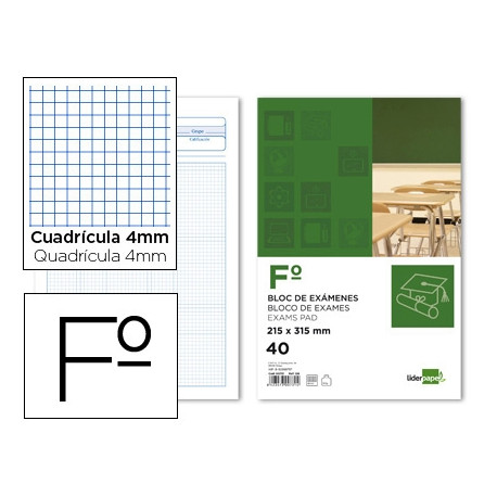 BLOC EXAMENES LIDERPAPEL CUADRO 4MM FOLIO 40 HOJAS 60G/M2