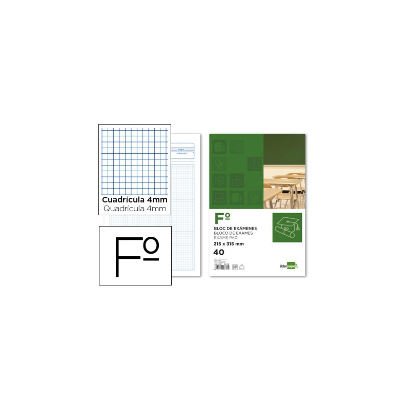 BLOC EXAMENES LIDERPAPEL CUADRO 4MM FOLIO 40 HOJAS 60G/M2