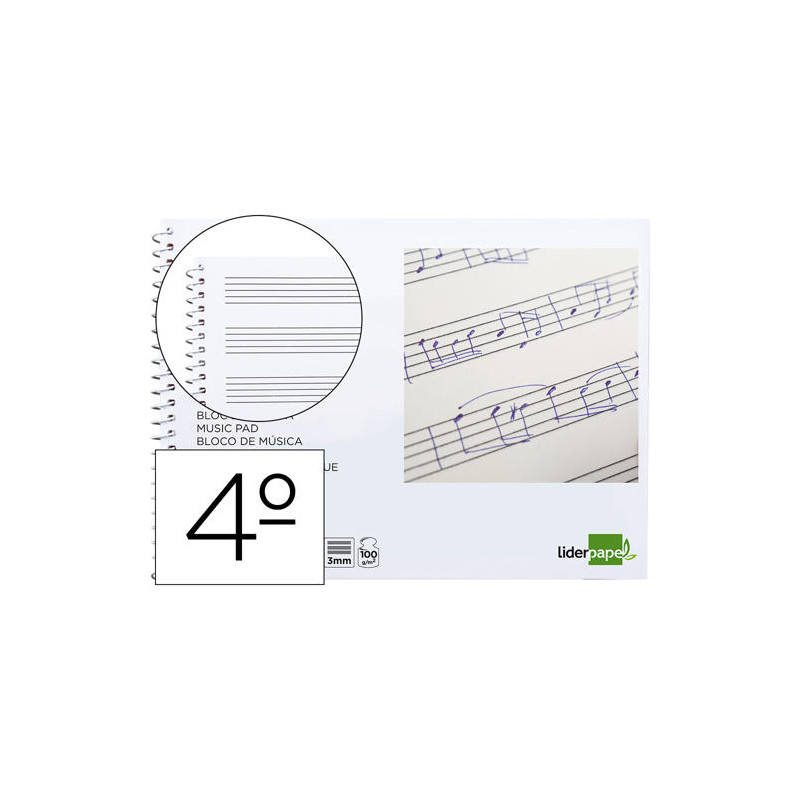 BLOC MUSICA LIDERPAPEL PENTAGRAMA 3MM CUARTO 20 HOJAS 100G/M2