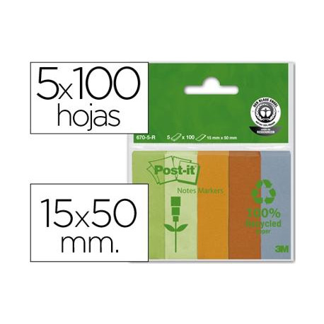 BLOC DE NOTAS ADHESIVAS QUITA Y PON RECICLADAS POST-IT 15X50MM VERDE-NARANJA- MANDARINA-AZUL VERDE C