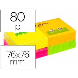 BLOC DE NOTAS ADHESIVAS QUITA Y PON Q-CONNECT 76X76 MM CON 80 HOJAS FLUORESCENTES SURTIDA