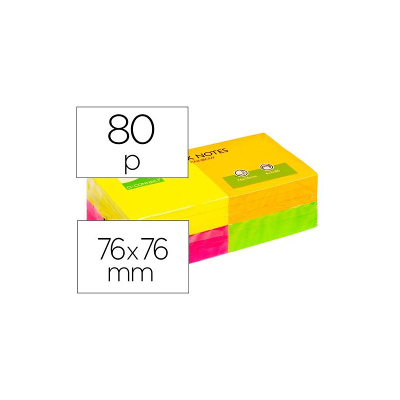 BLOC DE NOTAS ADHESIVAS QUITA Y PON Q-CONNECT 76X76 MM CON 80 HOJAS FLUORESCENTES SURTIDA