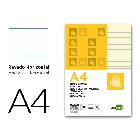 BLOC NOTAS LIDERPAPEL HORIZONTAL A4 50 HOJAS AMARILLAS 60G/M2 ENCOLADO