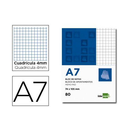 BLOC NOTAS LIDERPAPEL CUADRO 4MM A7 80 HOJAS 60G/M2 PERFORADO