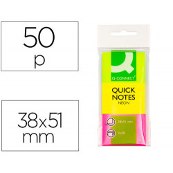 BLOC DE NOTAS ADHESIVAS QUITA Y PON Q-CONNECT 38X51 MM NEON PACK DE 3 UNIDADES CON 50 HOJAS POR COLO