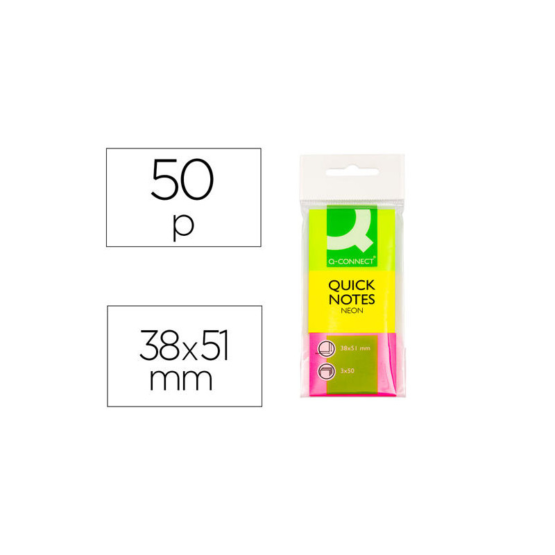 BLOC DE NOTAS ADHESIVAS QUITA Y PON Q-CONNECT 38X51 MM NEON PACK DE 3 UNIDADES CON 50 HOJAS POR COLO