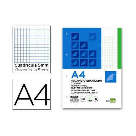 BLOC ENCOLADO LIDERPAPEL CUADRO 5MM VERDE A4 NATURAL 100 HOJAS 70 G/M2