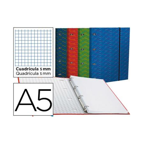 CARPETA CON RECAMBIO LIDERPAPEL A5 CUADRO 5MM FORRADA 4 ANILLAS 20MM