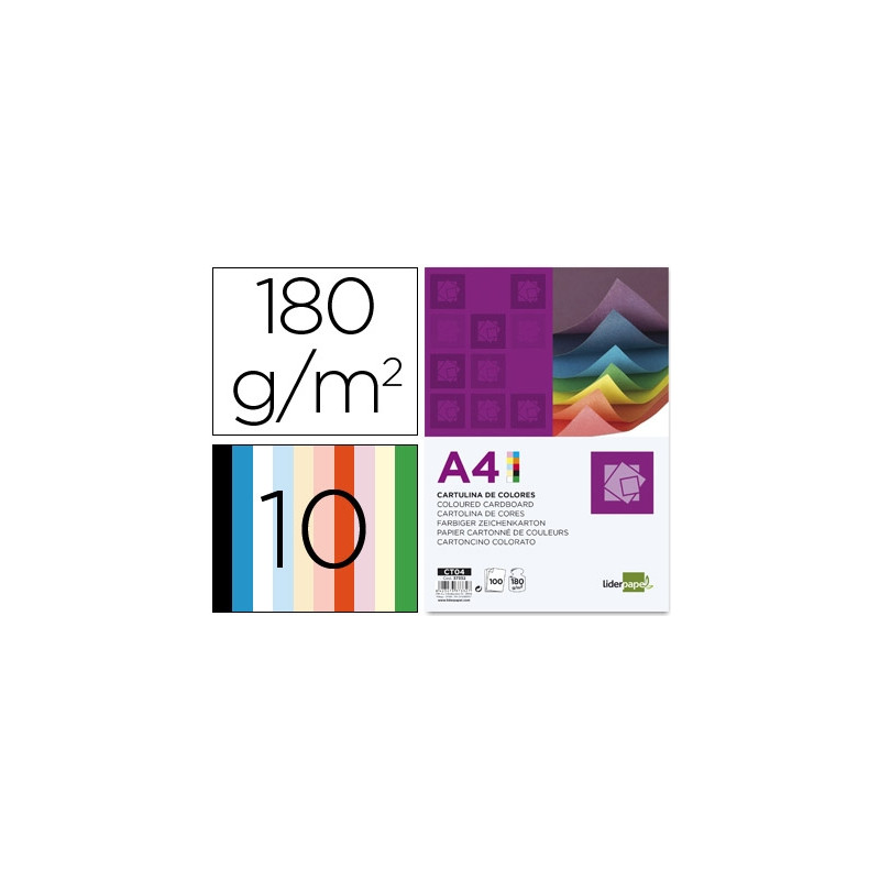 CARTULINA LIDERPAPEL  DIN A4 180G/M2 10 COLORES SURTIDOS