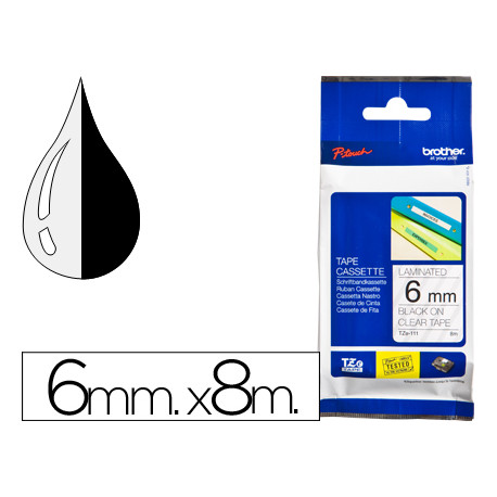 CINTA BROTHER TZE111 TRANSPARENTE-NEGRO 6MM LONGITUD 8 MT