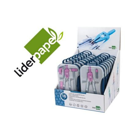 COMPAS LIDERPAPEL CON ADAPATADOR ALARGADERA Y MANGO EXTRA SOFT EXPOSITOR DE 16 ESTUCHES 2 MODELOS