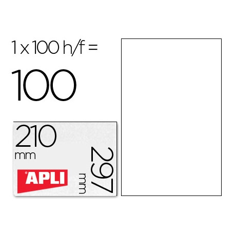 ETIQUETA ADHESIVA APLI 1281 210X297 MM FOTOCOPIADORA LASER INK-JET CAJA CON 100 HOJAS DIN A4