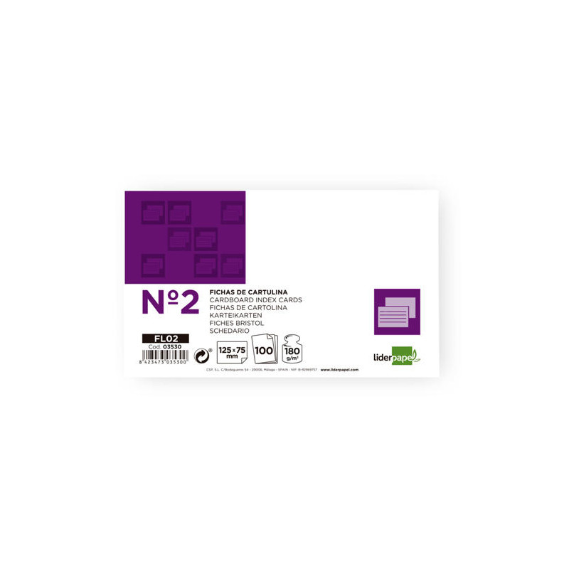 FICHA LIDERPAPEL LISA N2 75 X 125MM PAQUETE DE 100 180G