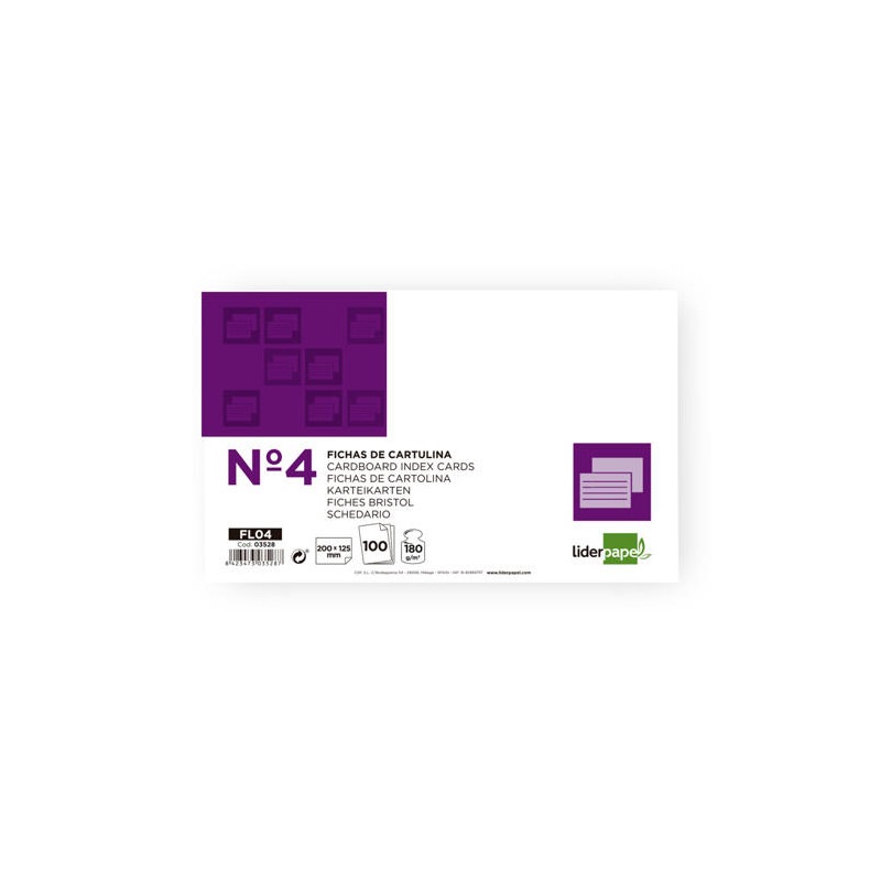 FICHA LIDERPAPEL LISA N4 125X200MM PAQUETE DE 100 180G