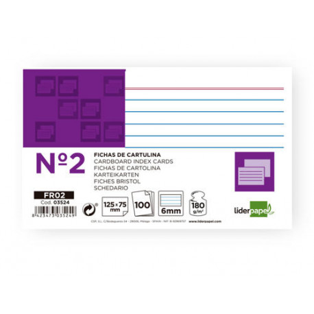 FICHA LIDERPAPEL RAYADA N2 75X125 MM 180G/M2 PAQUETE DE 100 UNIDADES