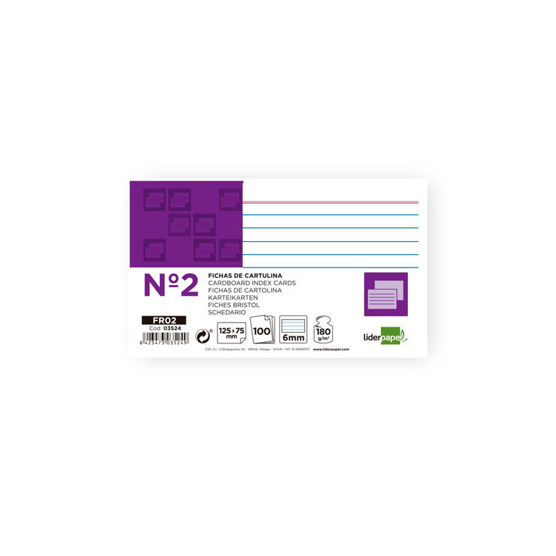 FICHA LIDERPAPEL RAYADA N2 75X125 MM 180G/M2 PAQUETE DE 100 UNIDADES