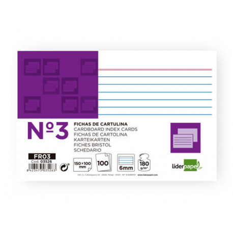 FICHA LIDERPAPEL RAYADA N3 100X150 MM 180G/M2 PAQUETE DE 100 UNIDADES