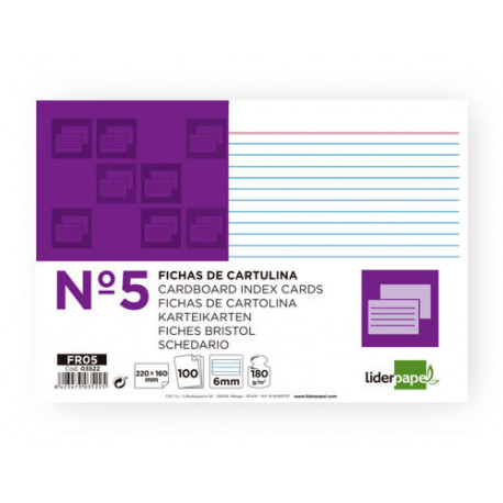 FICHA LIDERPAPEL RAYADA N5 160X220 MM 180G/M2 PAQUETE DE 100 UNIDADES