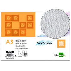 PAPEL DIBUJO LIDERPAPEL 297X420MM 300G/M2 ACUARELA PACK DE 6 HOJAS