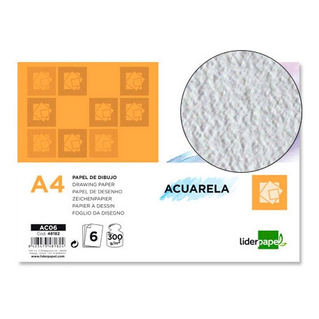 PAPEL DIBUJO LIDERPAPEL 210X297MM 300G/M2 ACUARELA PACK DE 6 HOJAS