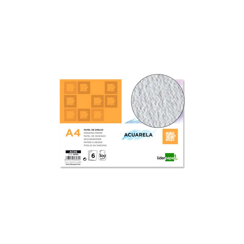 PAPEL DIBUJO LIDERPAPEL 210X297MM 300G/M2 ACUARELA PACK DE 6 HOJAS