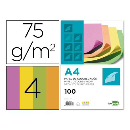 PAPEL COLOR LIDERPAPEL A4 75GR NEON 4 COLORES SURTIDOS PAQUETE DE 100 HOJAS