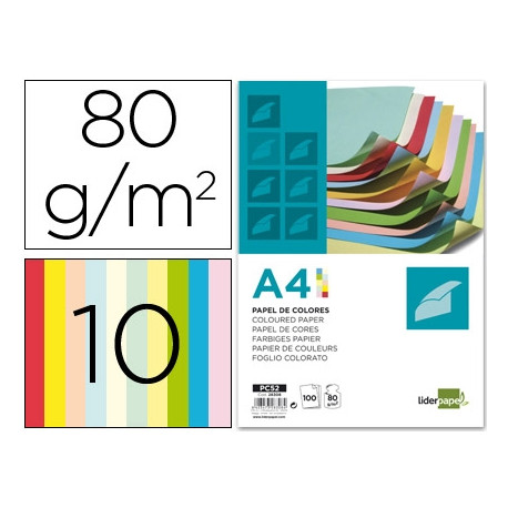 PAPEL COLOR LIDERPAPEL A4 80GR 10 COLORES SURTIDOS PAQUETE DE 100 HOJAS