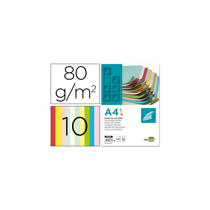 PAPEL COLOR LIDERPAPEL A4 80GR 10 COLORES SURTIDOS PAQUETE DE 100 HOJAS