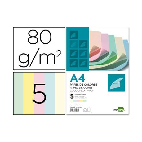 PAPEL COLOR LIDERPAPEL A4 80GR 5 COLORES SURTIDOS PAQUETE DE 500 HOJAS