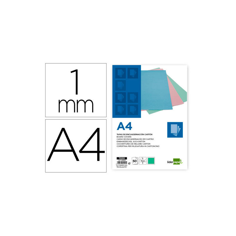 TAPA ENCUADERNACION LIDERPAPEL CARTON A4 1 MM VERDE MENTA PAQUETE DE 50 UNIDADES