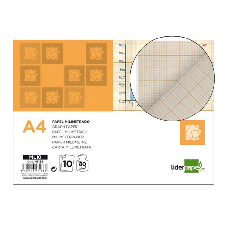 PAPEL DIBUJO LIDERPAPEL 210X297MM 80G/M2 MILIMETRADO PACK DE 10 HOJAS