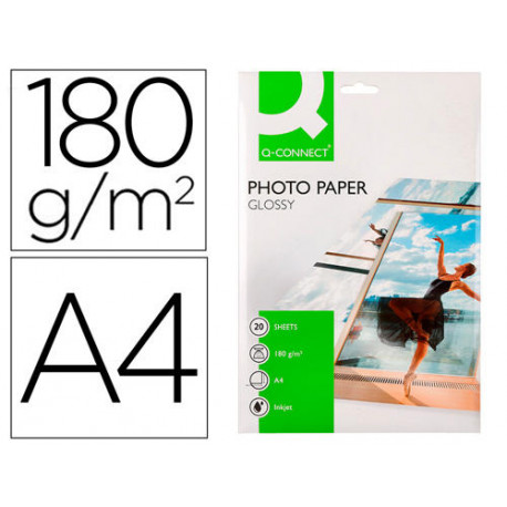 PAPEL Q-CONNECT FOTO GLOSSY -KF01103 DIN A4 -DIGITAL PHOTO -PARA INK-JET -BOLSA DE 20 HOJAS DE 180 G