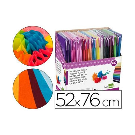 PAPEL SEDA LIDERPAPEL 52X76 CM EXPOSITOR 60 BOLSAS DE 5 HOJAS 12 COLORES SURTIDOS