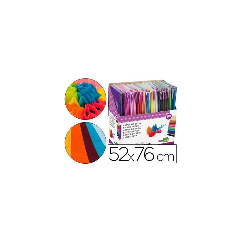 PAPEL SEDA LIDERPAPEL 52X76 CM EXPOSITOR 60 BOLSAS DE 5 HOJAS 12 COLORES SURTIDOS