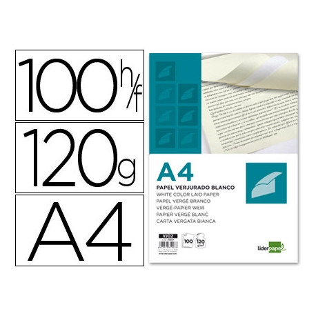 PAPEL VERJURADO LIDERPAPEL A4 120G/M2 BLANCO PAQUETE DE 100 HOJAS