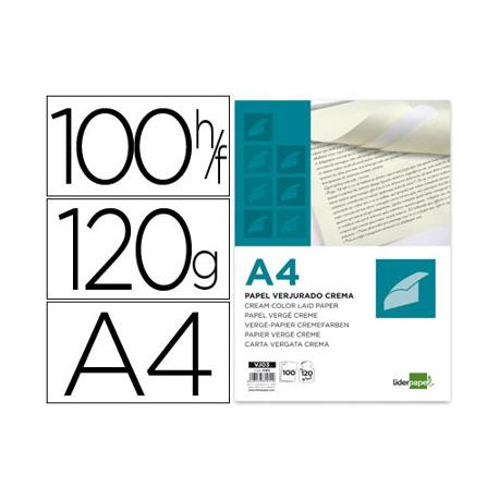 PAPEL VERJURADO LIDERPAPEL A4 120G/M2 CREMA PAQUETE DE 100 HOJAS