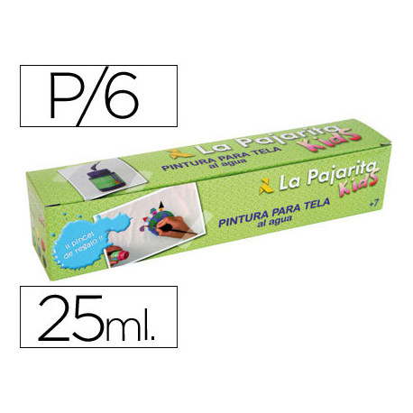 PINTURA PARA TELA LA PAJARITA KIDS 25 ML CAJA DE 6 UNIDADES COLORES SURTIDOS + PINCEL