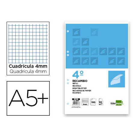 RECAMBIO LIDERPAPEL CUARTO 100 HOJAS 60G/M2 CUADRO 4MM CON MARGEN 6 TALADROS