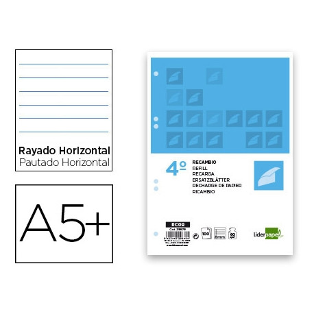 RECAMBIO LIDERPAPEL CUARTO 100 HOJAS 60G/M2 HORIZONTAL CON MARGEN 6 TALADROS