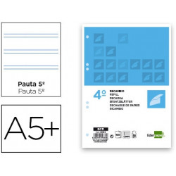 RECAMBIO LIDERPAPEL CUARTO 100 HOJAS 60G/M2 PAUTA 5? 2.5MM CON MARGEN 6 TALADROS