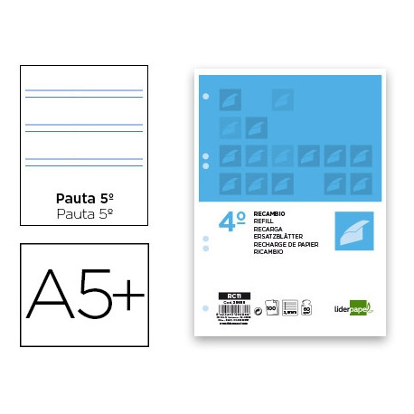 RECAMBIO LIDERPAPEL CUARTO 100 HOJAS 60G/M2 PAUTA 5? 2.5MM CON MARGEN 6 TALADROS