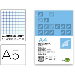 RECAMBIO LIDERPAPEL CUARTO 100 HOJAS 60G/M2 CUADRO 3MM CON MARGEN 6 TALADROS