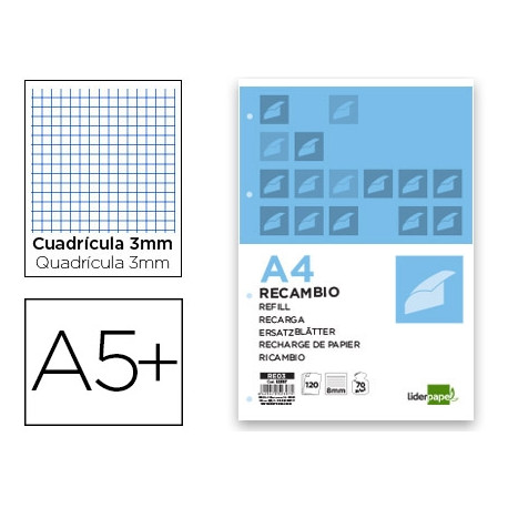 RECAMBIO LIDERPAPEL CUARTO 100 HOJAS 60G/M2 CUADRO 3MM CON MARGEN 6 TALADROS