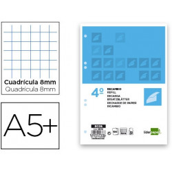 RECAMBIO LIDERPAPEL CUARTO 100 HOJAS 60G/M2 CUADRO 8MM CON MARGEN 6 TALADROS