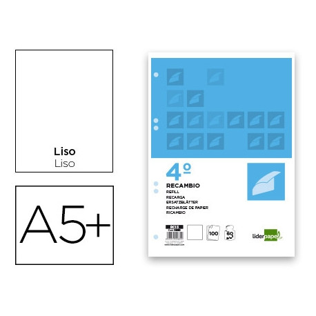 RECAMBIO LIDERPAPEL CUARTO 100 HOJAS 60G/M2 LISO SIN MARGEN 6 TALADROS