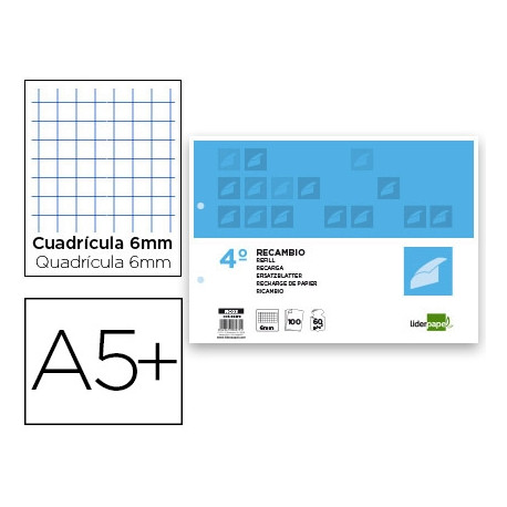 RECAMBIO LIDERPAPEL CUARTO APAISADO 100 H 2TCA-07 CUADRO 6 MM 2 TALADROS CON MARGEN