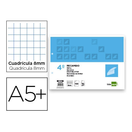 RECAMBIO LIDERPAPEL CUARTO APAISADO 100 H 2TCA-08 CUADRO 8 MM 2 TALADROS CON MARGEN