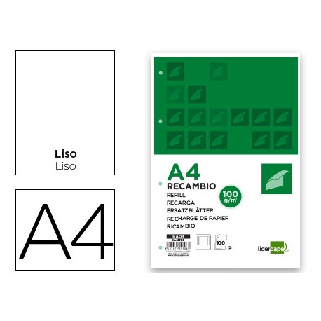 RECAMBIO LIDERPAPEL A4 100 HOJAS 100G/M2 LISO CON MARGEN 4 TALADROS