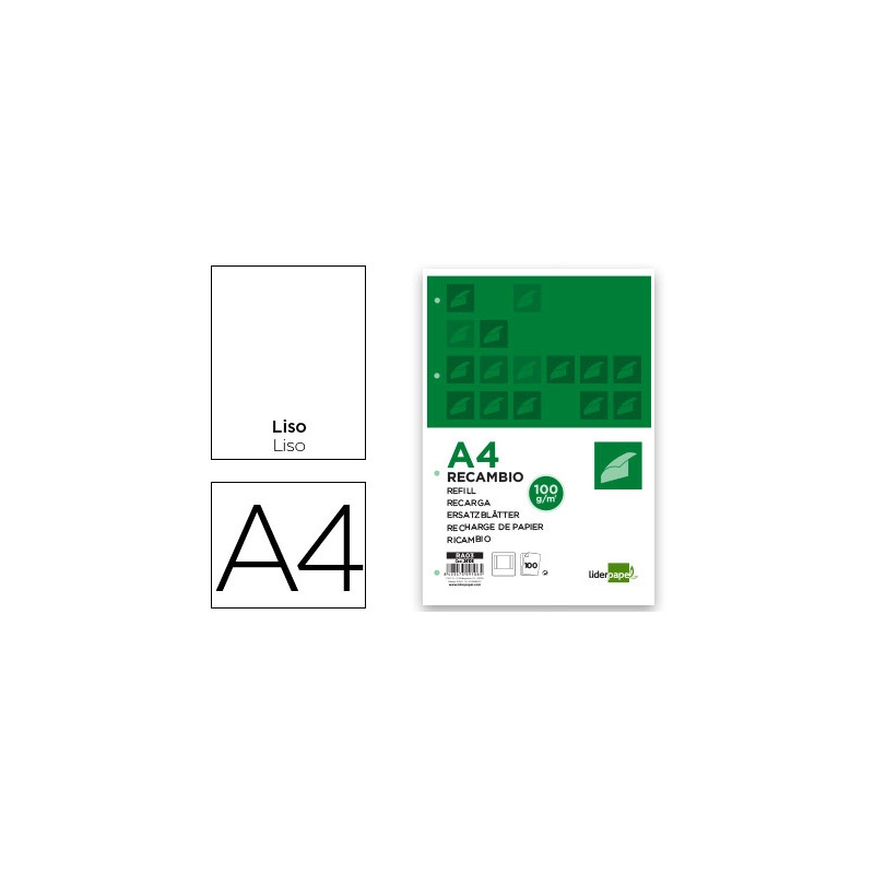 RECAMBIO LIDERPAPEL A4 100 HOJAS 100G/M2 LISO CON MARGEN 4 TALADROS